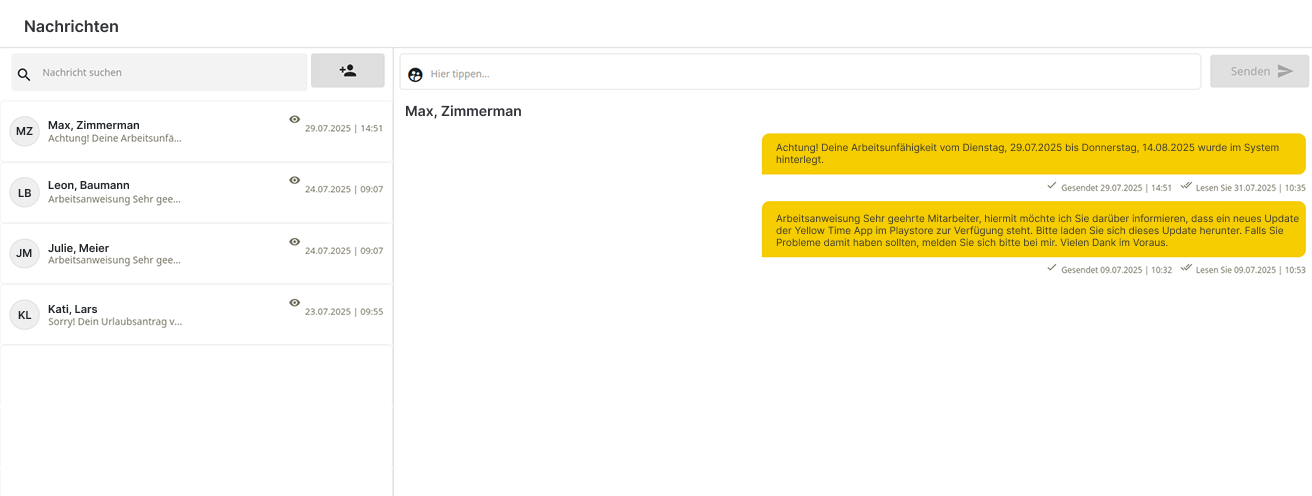YellowTime Teamkommunikation und Mitarbeiterorganisation in der Weboberfläche