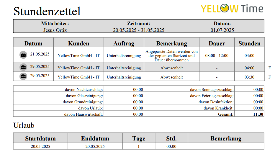 YellowTime Zeitbericht zur Prüfung und Auswertung von Arbeitszeiten